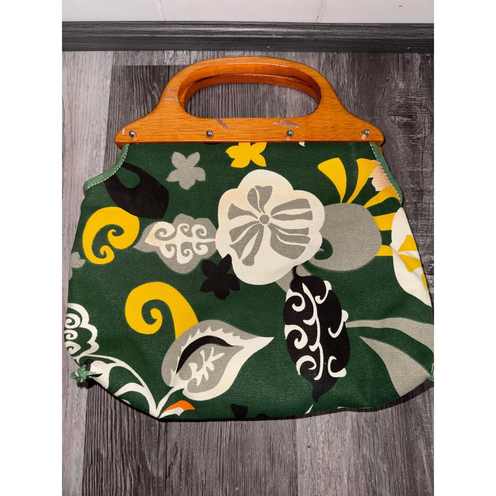 J.Crew Green Floral Canvas Handbag with Wooden Top Handle Vintage Style